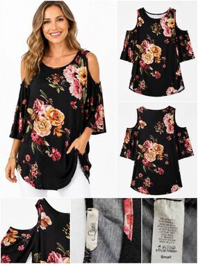e. Luna S Black Floral Cold Shoulder Tunic Top